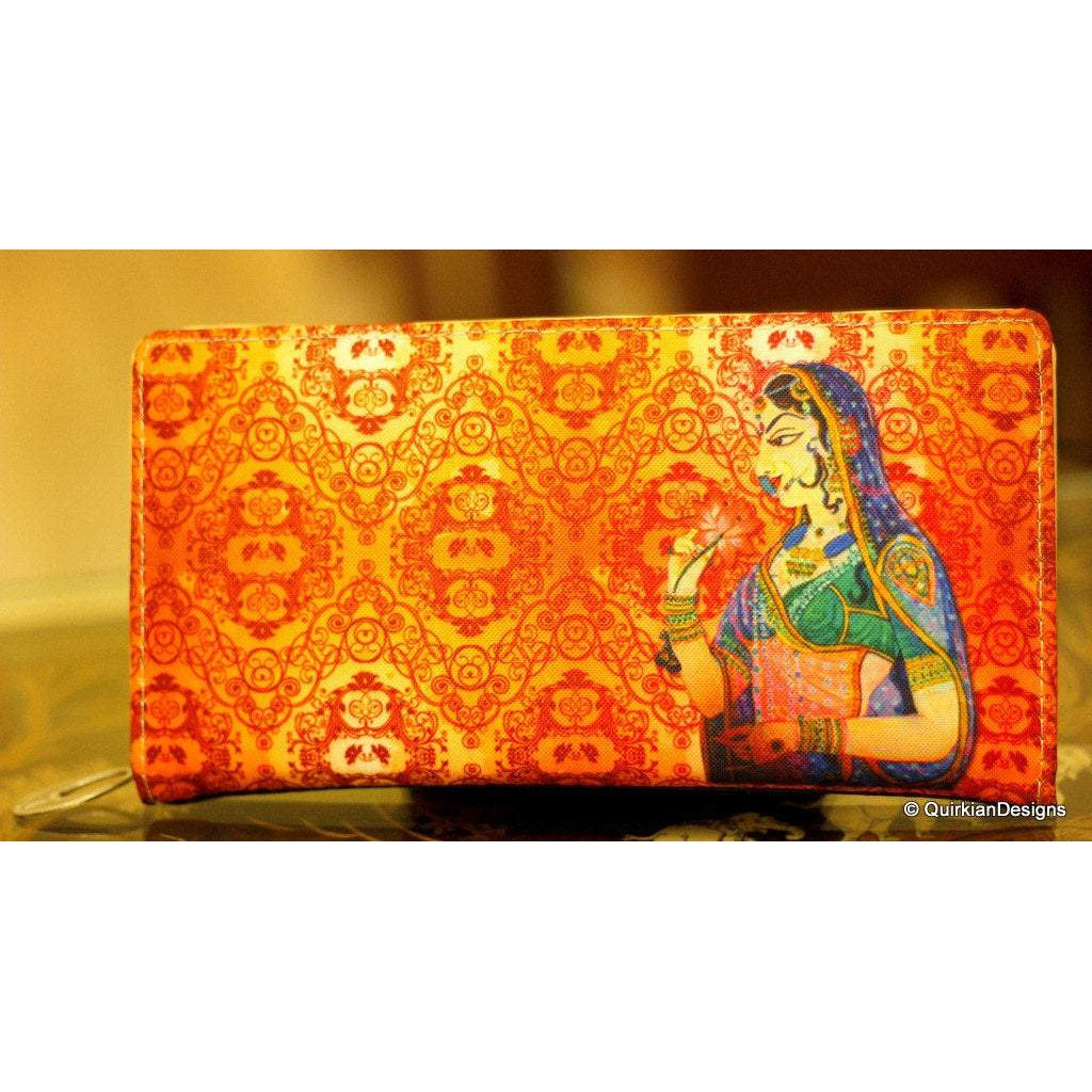 Orange Clutch, Faux Leather Purse,Traditional Indian Woman Digital Print