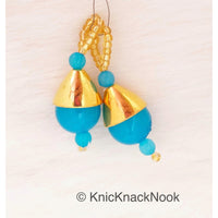 Thumbnail for Blue Bead Tassels Latkan, Indian Antique Distressed Latkans, Gold Beaded Danglers
