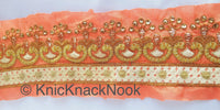 Thumbnail for Salmon Pink Art Silk Fabric Trim With Gold Zari Embroidery and Gold Sequins, Trim By The Yard,