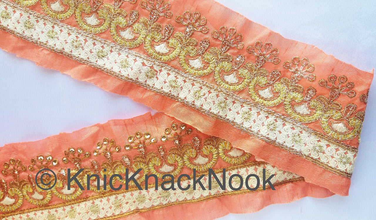 Salmon Pink Art Silk Fabric Trim With Gold Zari Embroidery and Gold Sequins, Trim By The Yard,