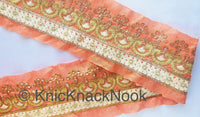 Thumbnail for Salmon Pink Art Silk Fabric Trim With Gold Zari Embroidery and Gold Sequins, Trim By The Yard,