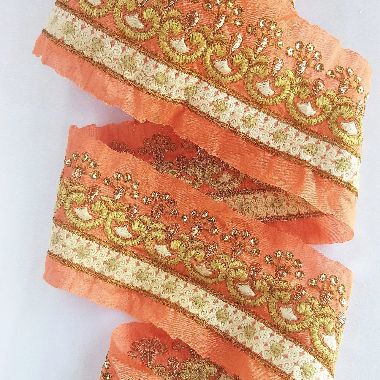 Salmon Pink Art Silk Fabric Trim With Gold Zari Embroidery and Gold Sequins, Trim By The Yard,