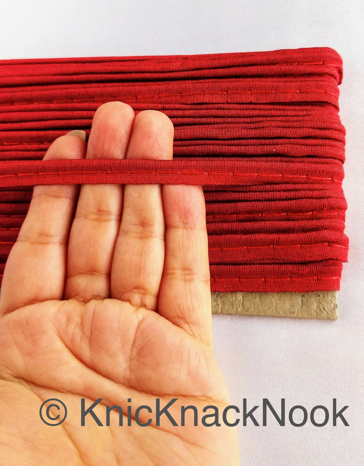 2mm Flanged Insertion Piping on 9mm Band, Deep Red Art Silk Fabric Trim