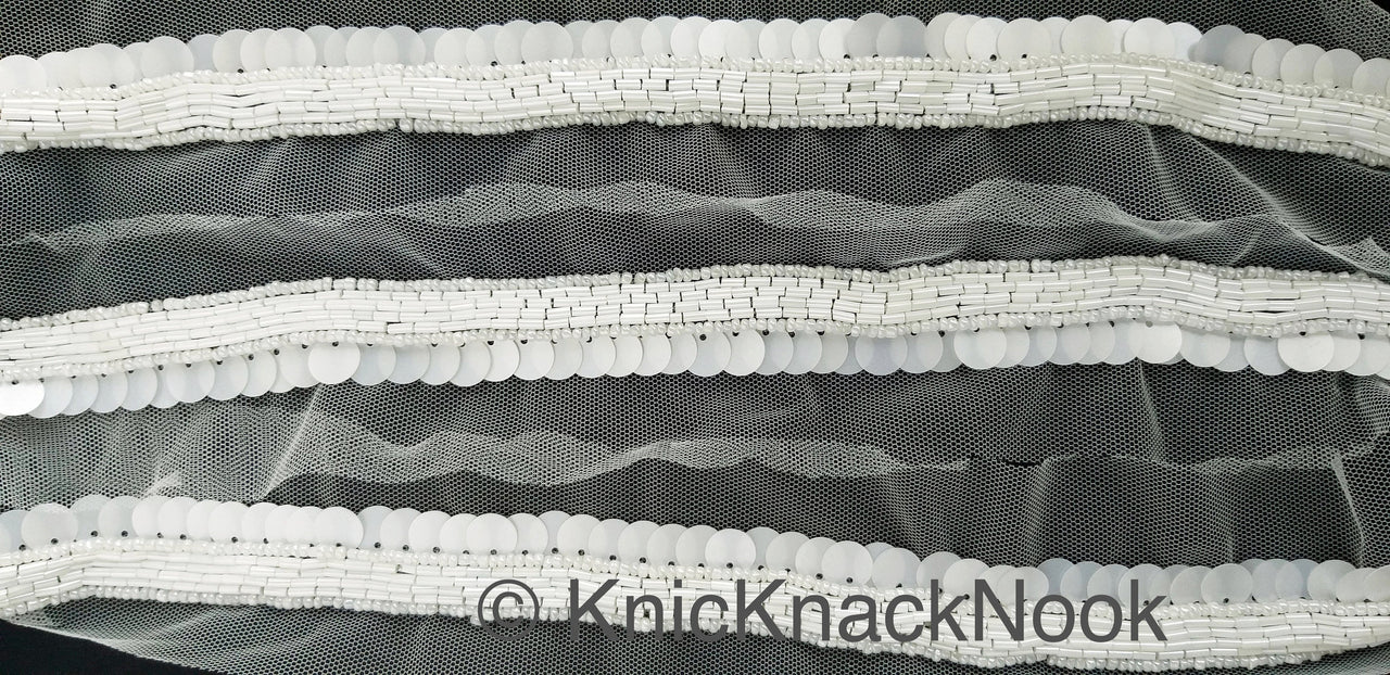 White Net Lace With White Sequins and Beads, Exclusive Laces, Sequinned Trimming