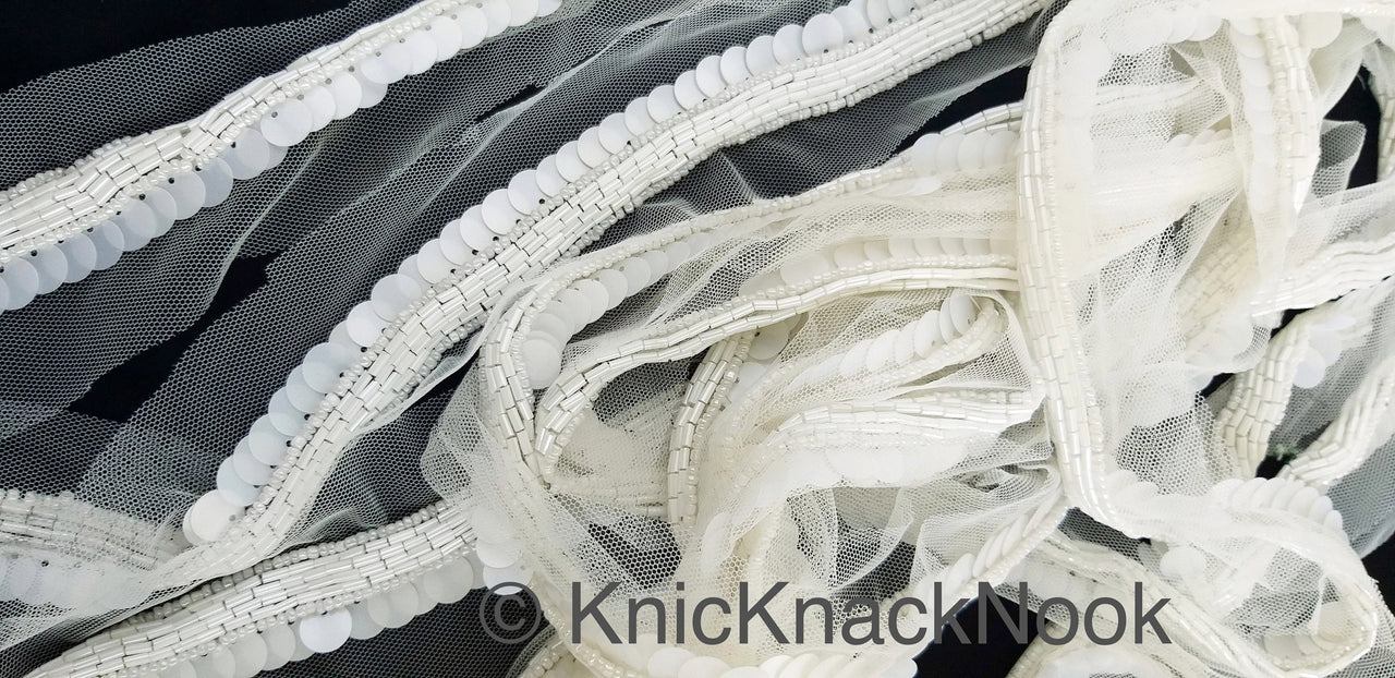 White Net Lace With White Sequins and Beads, Exclusive Laces, Sequinned Trimming