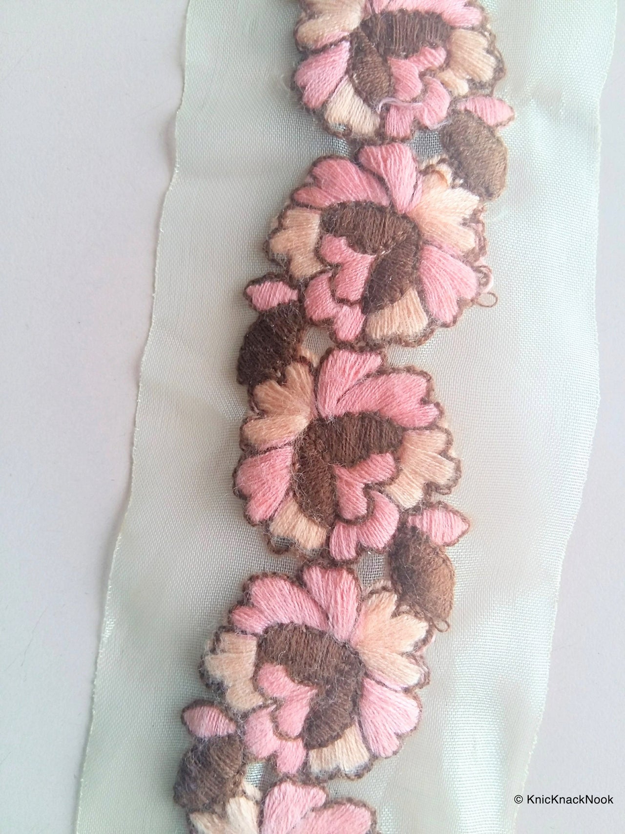 Wholesale Sheer Gold Fabric Trim With Beige And Pink Floral Thread Embroidery 9 Yard Lace, Embroidered Trim,