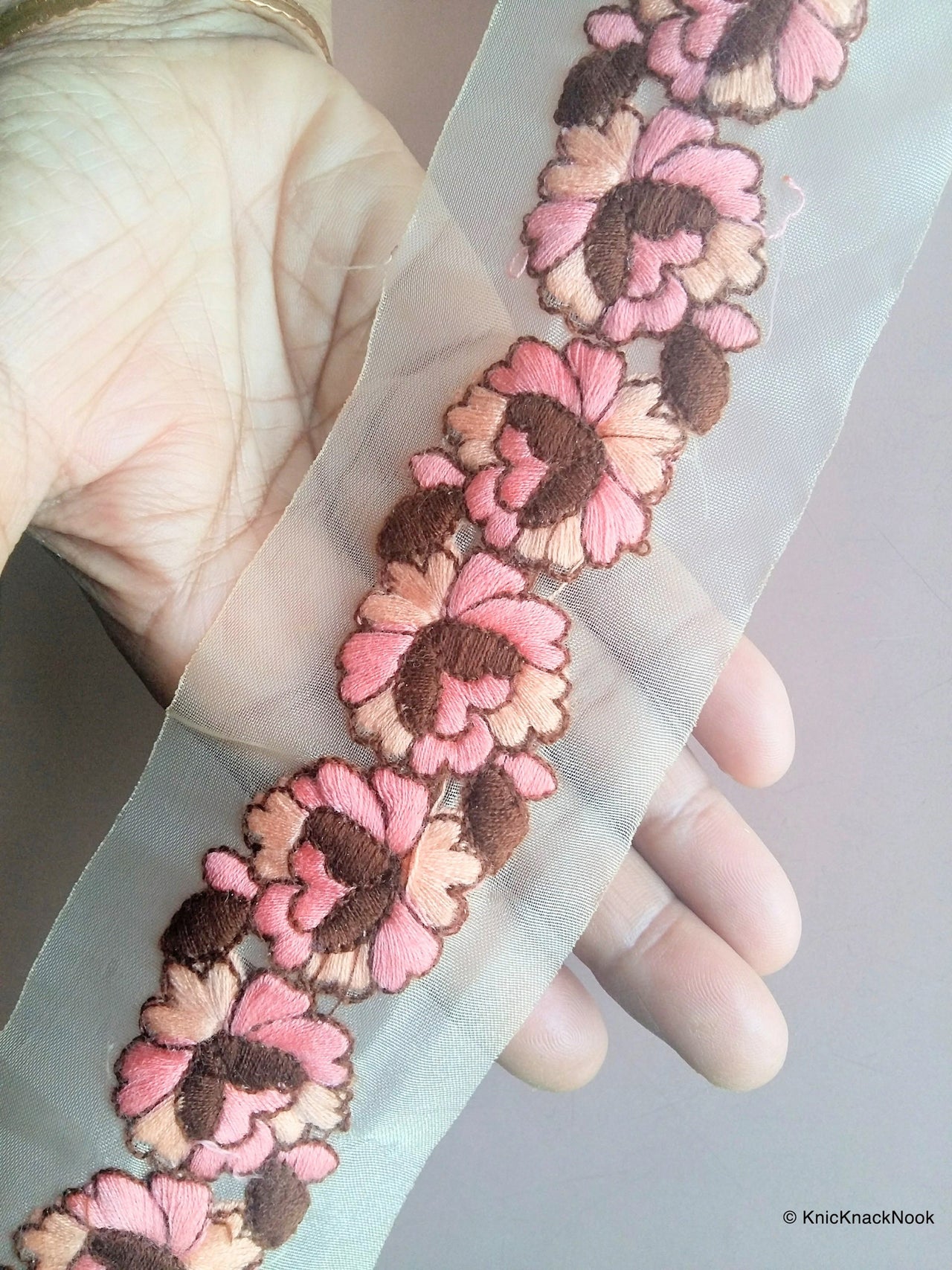 Wholesale Sheer Gold Fabric Trim With Beige And Pink Floral Thread Embroidery 9 Yard Lace, Embroidered Trim,