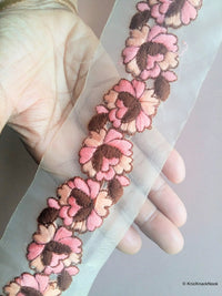 Thumbnail for Wholesale Sheer Gold Fabric Trim With Beige And Pink Floral Thread Embroidery 9 Yard Lace, Embroidered Trim,