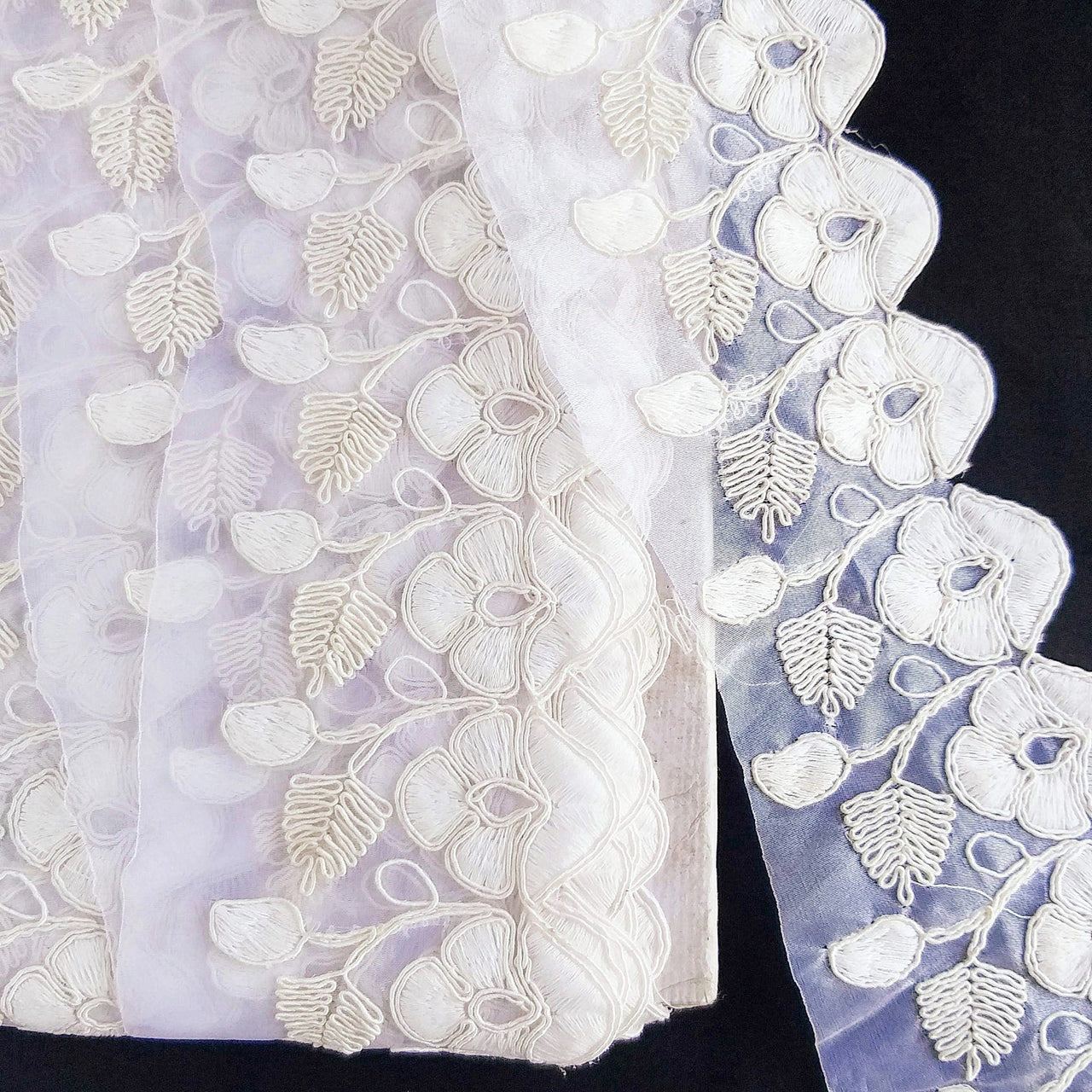 White Tissue Fabric Trim With Embroidered Flowers, One Yard Lace Trims,