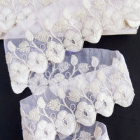 Thumbnail for White Tissue Fabric Trim With Embroidered Flowers, One Yard Lace Trims,