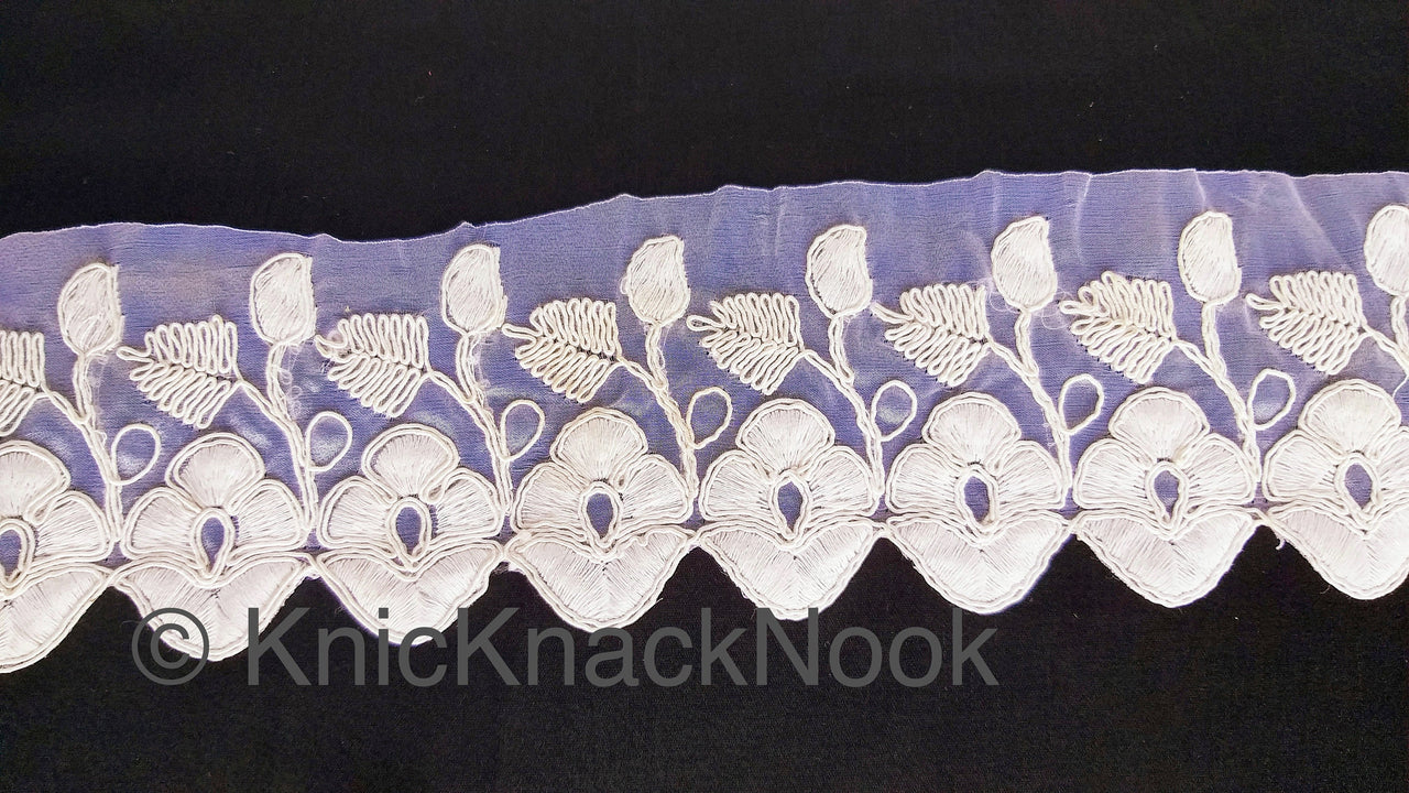 White Tissue Fabric Trim With Embroidered Flowers, One Yard Lace Trims,