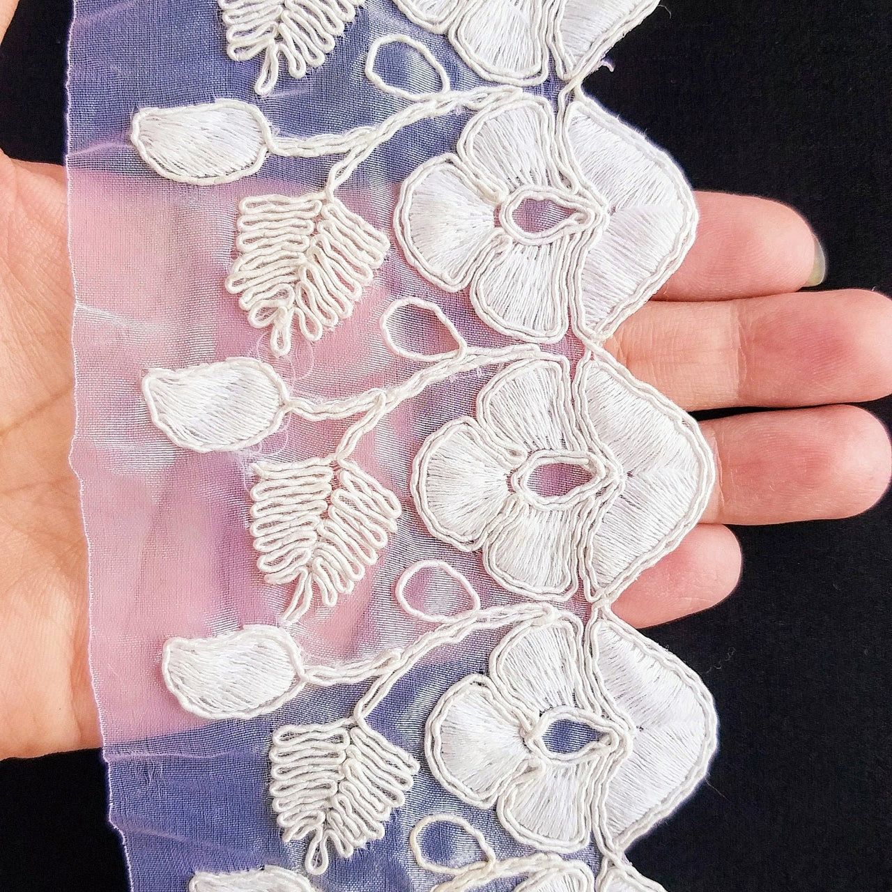 White Tissue Fabric Trim With Embroidered Flowers, One Yard Lace Trims,