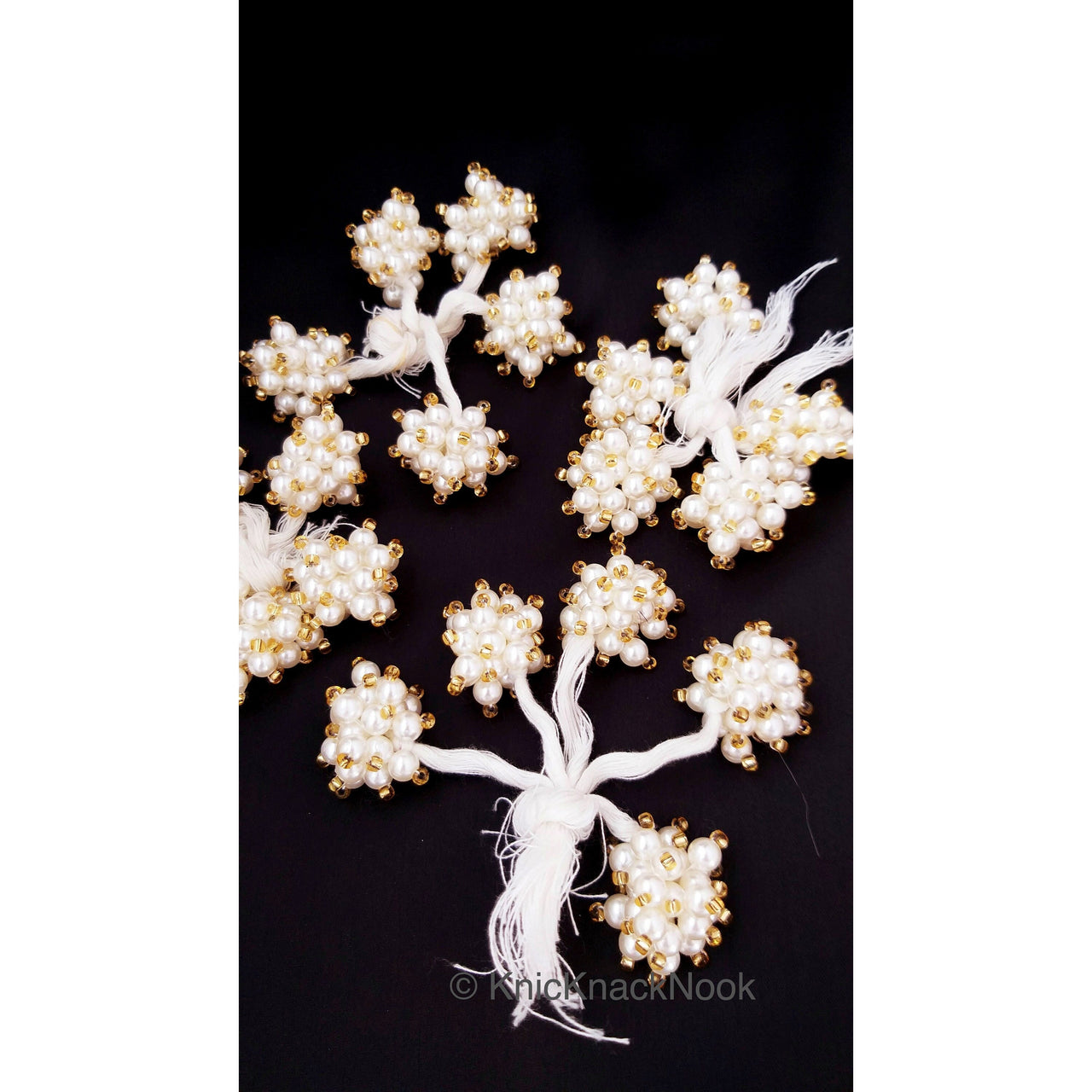White Pearl Tassels Latkan, Indian Latkans, Gold Beaded Danglers