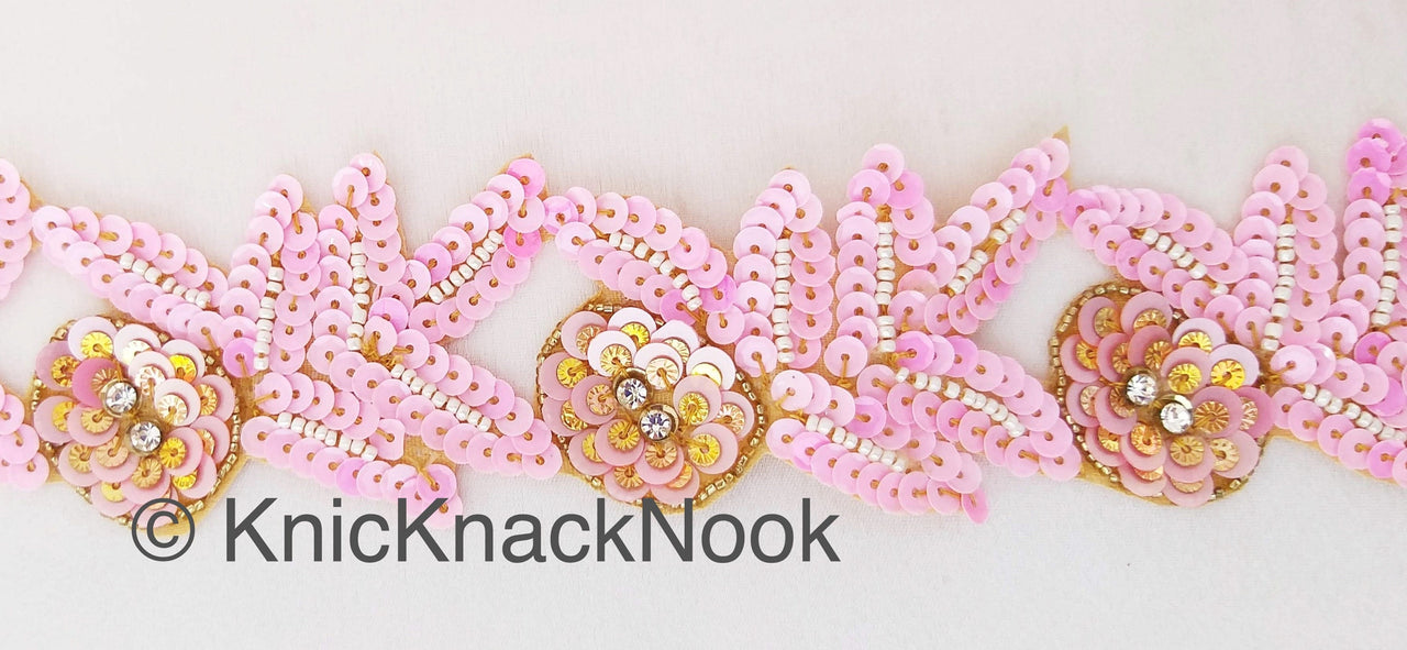 Pink And Gold Sequins Trim With Diamante Beads, Floral Trims, Trimming