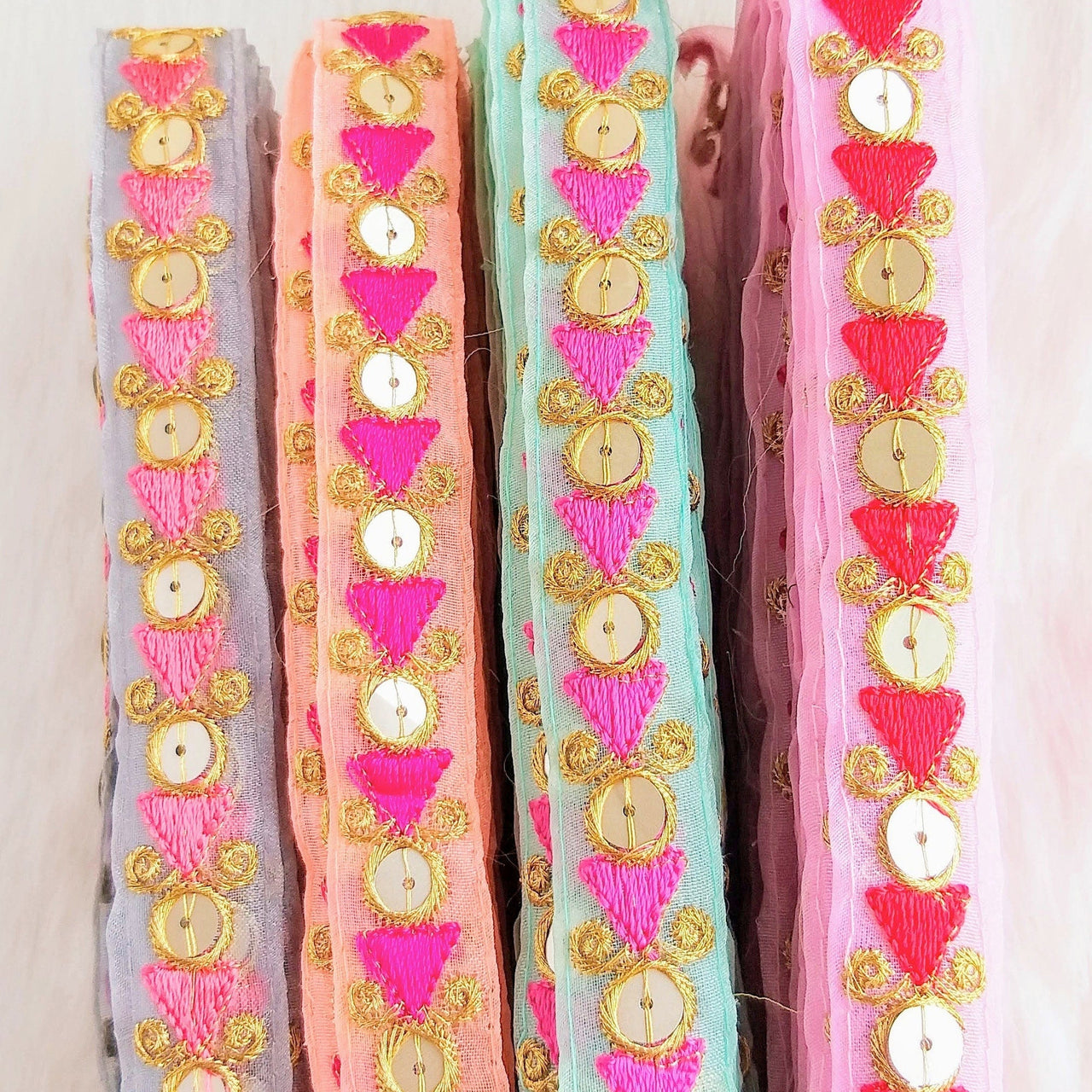 Mint Green Tissue Fabric Trim In Pink & Gold Embroidery With Gold Sequins, , Lace Trim By 2 Yards Indian Decorative Trim