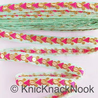 Thumbnail for Mint Green Tissue Fabric Trim In Pink & Gold Embroidery With Gold Sequins, , Lace Trim By 2 Yards Indian Decorative Trim