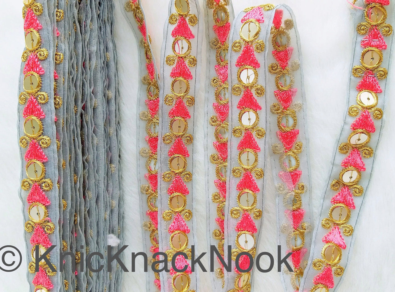 Grey Tissue Fabric Trim with Pink & Gold Embroidery With Gold Sequins, , Lace Trim By 2 Yards Indian Decorative Trim