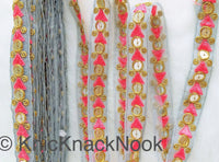 Thumbnail for Grey Tissue Fabric Trim with Pink & Gold Embroidery With Gold Sequins, , Lace Trim By 2 Yards Indian Decorative Trim