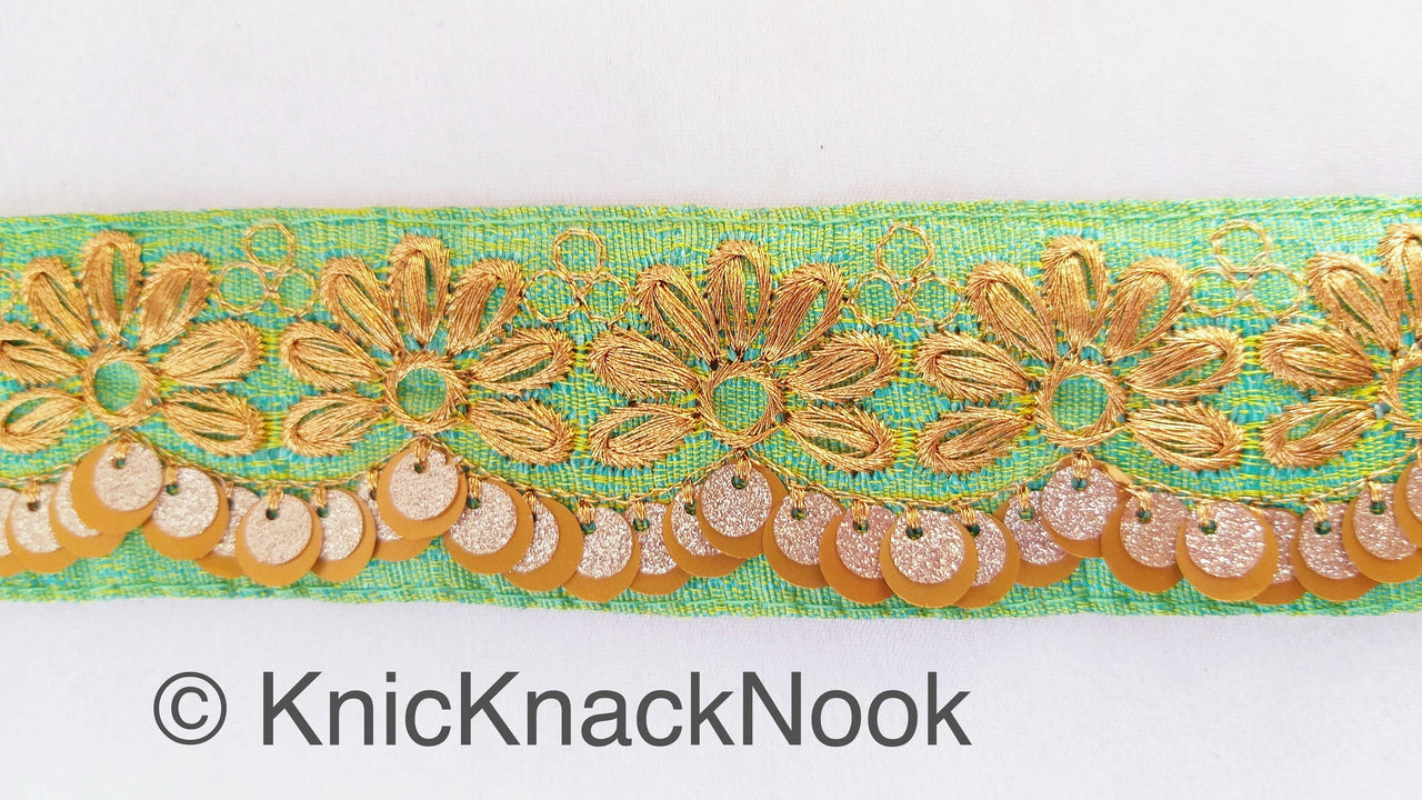 Indian Sari Trim, Green Art Silk Fabric With Gold Thread Embroidered Flowers Trim, Gold Sequins