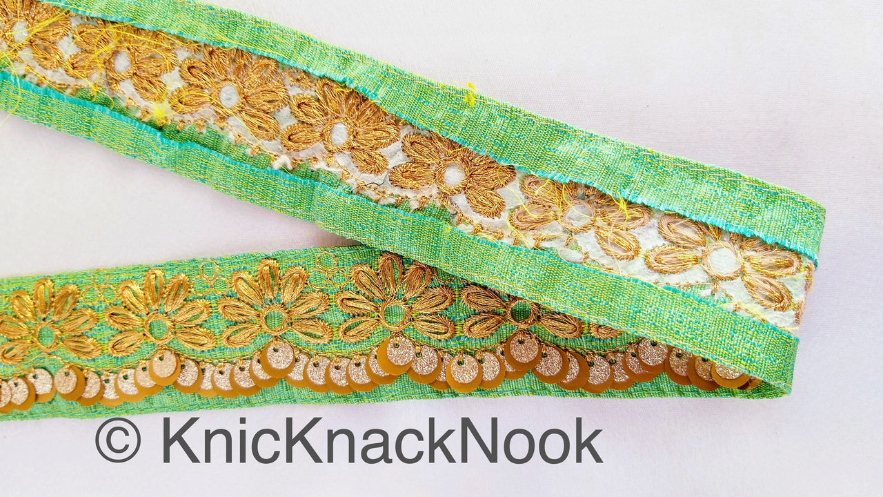 Indian Sari Trim, Green Art Silk Fabric With Gold Thread Embroidered Flowers Trim, Gold Sequins