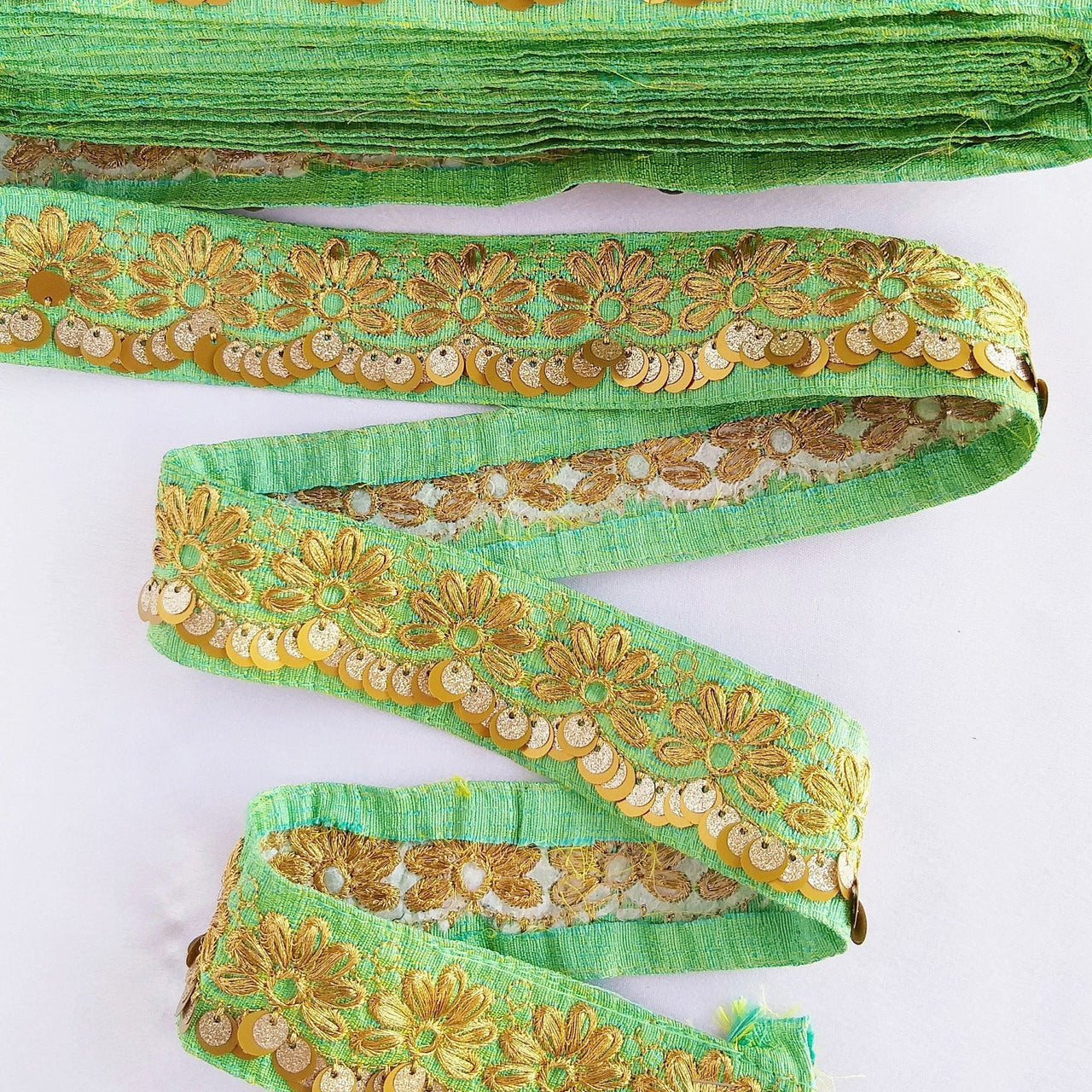 Indian Sari Trim, Green Art Silk Fabric With Gold Thread Embroidered Flowers Trim, Gold Sequins