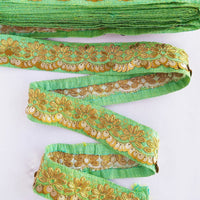 Thumbnail for Indian Sari Trim, Green Art Silk Fabric With Gold Thread Embroidered Flowers Trim, Gold Sequins
