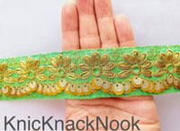 Thumbnail for Indian Sari Trim, Green Art Silk Fabric With Gold Thread Embroidered Flowers Trim, Gold Sequins