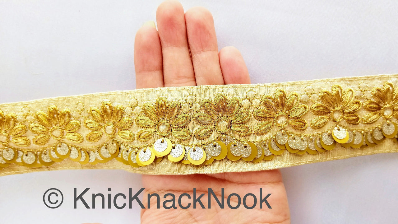 Indian Sari Trim, Beige Art Silk Fabric With Gold Thread Embroidered Flowers Trim, Gold Sequins