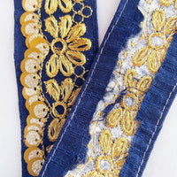 Thumbnail for Indian Sari Trim, Blue Art Silk Fabric With Gold Thread Embroidered Flowers Trim, Gold Sequins
