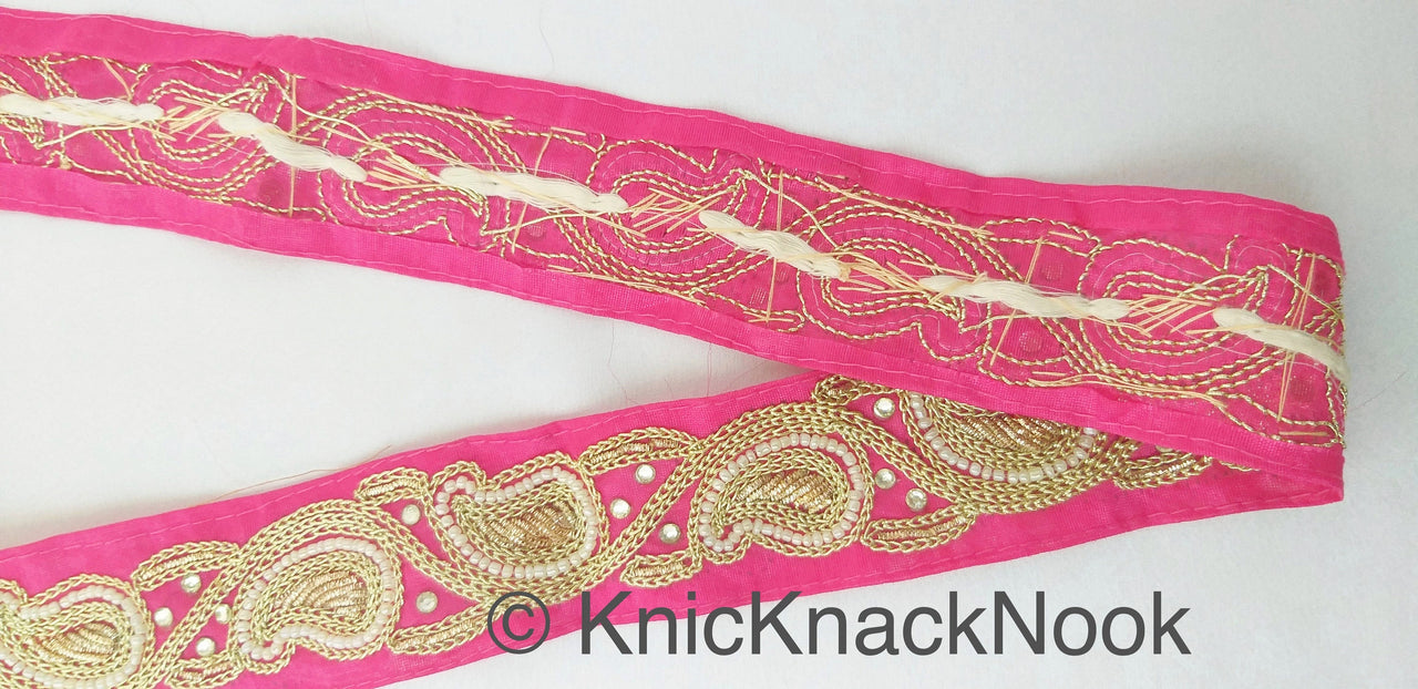 Pink Lace Trim With Floral Zardozi Hand Embroidery And White Beads & Indian Stones Kundan Embellishment, Approx. 40mm, Decorative Trim