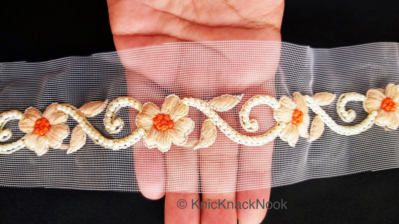 Beige Net Trim With Floral Embroidery, Pearl Beads Trim, Beaded Trim