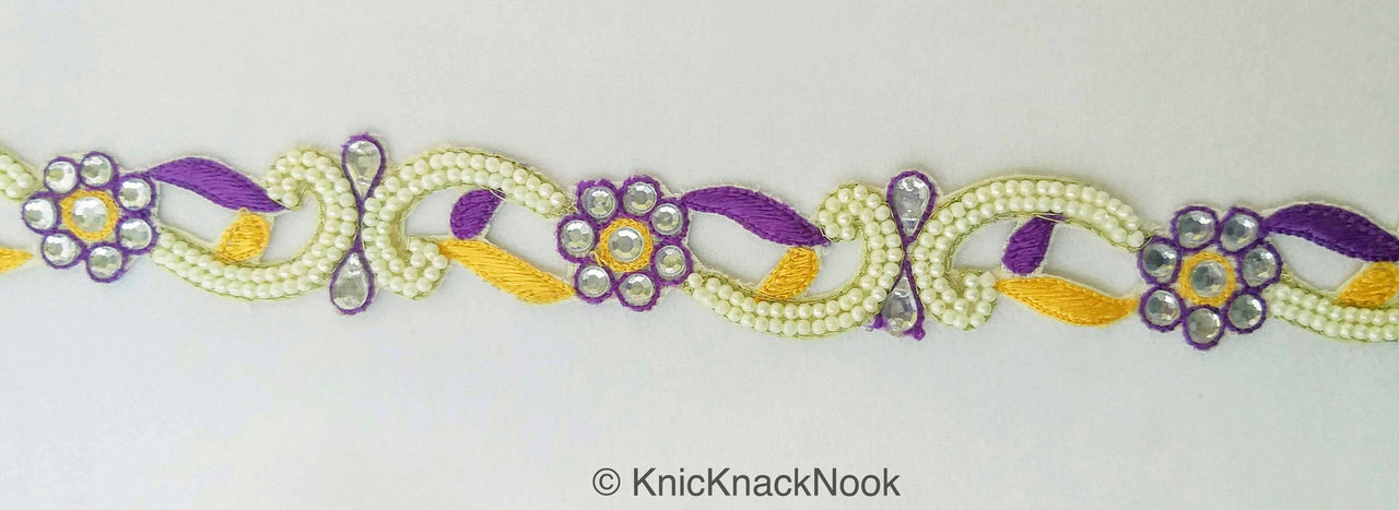 Floral Embroidered Cutwork Trim, Yellow Embroidery, Beaded Floral Trim