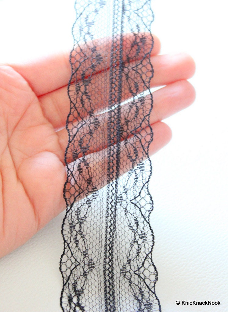 Wholesale Black Embroidered Net Lace Trim Ribbon 45mm wide, Delicate Lace, Lingerie
