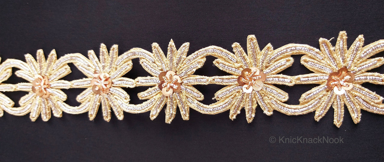 Embroidered Silver And Gold Zardozi Floral Trim, Threadwork Lace, Indian Trim
