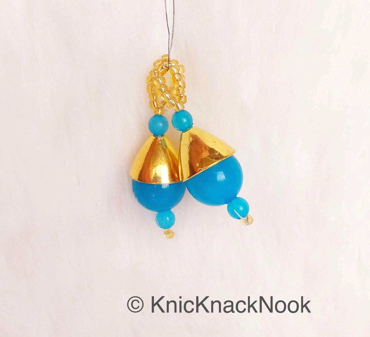 Blue Bead Tassels Latkan, Indian Antique Distressed Latkans, Gold Beaded Danglers