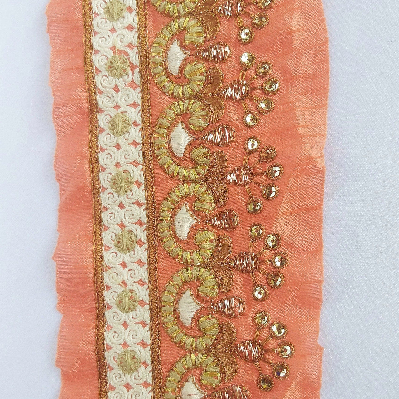 Salmon Pink Art Silk Fabric Trim With Gold Zari Embroidery and Gold Sequins, Trim By The Yard,
