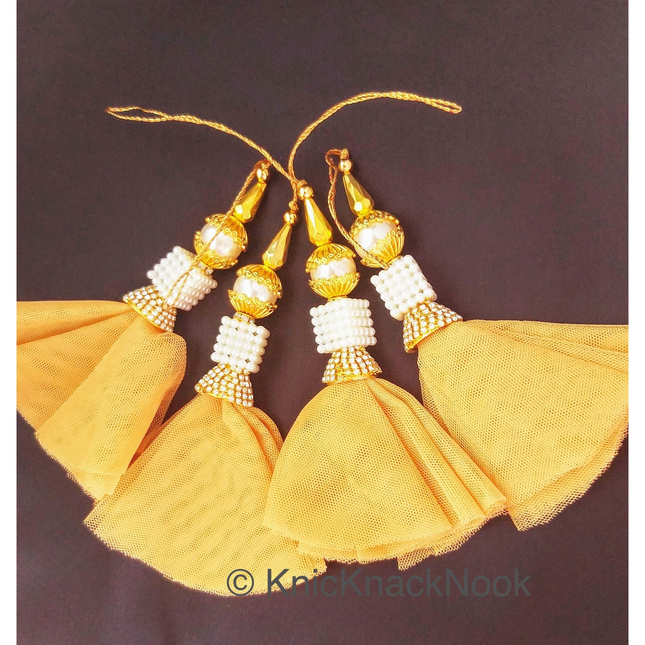 Net Tassels Latkan With Gold And Pearl Beads, Diamante, Crystal Latkan