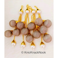 Thumbnail for Grey Art Silk Fabric Balls Bunch Beaded Tassels, Latkan, Embellishments