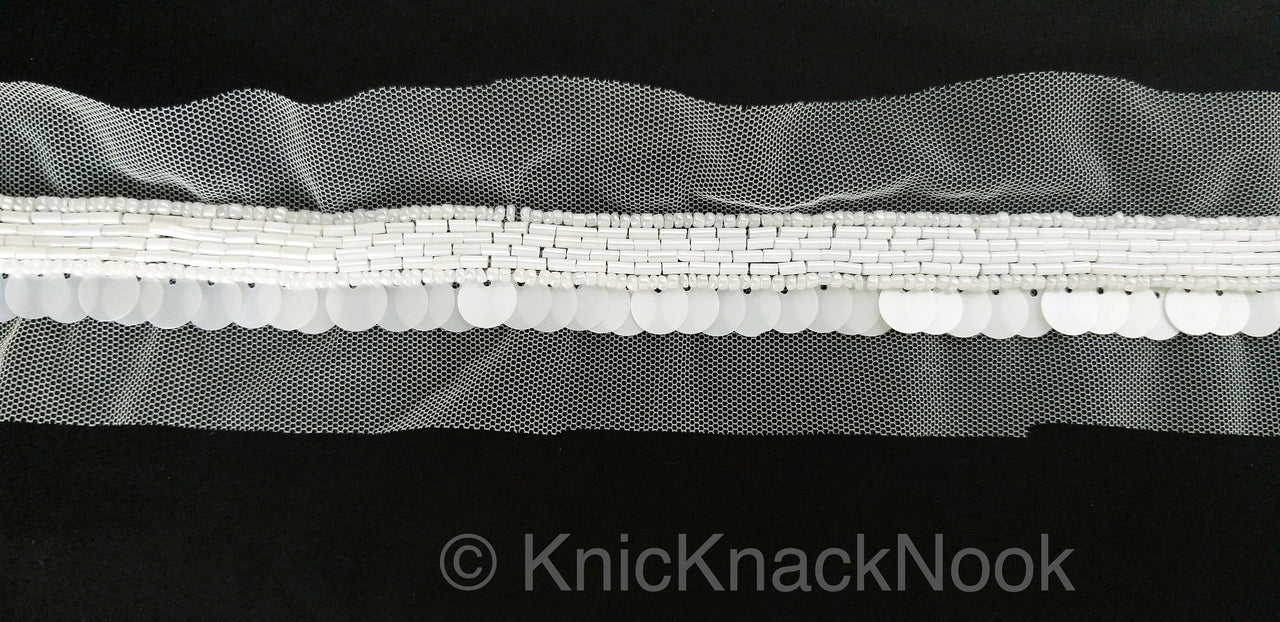 White Net Lace With White Sequins and Beads, Exclusive Laces, Sequinned Trimming