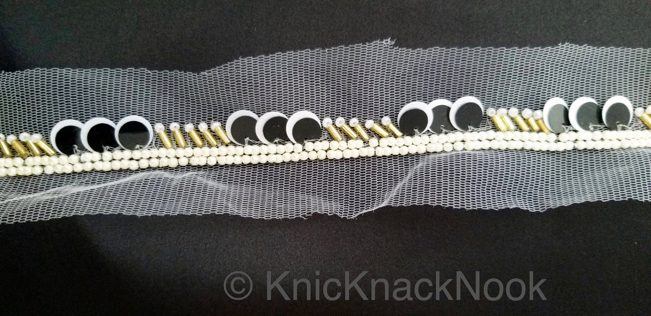 White Net Lace With Black & White Sequins and Beads, Exclusive Laces, Sequinned Trimming