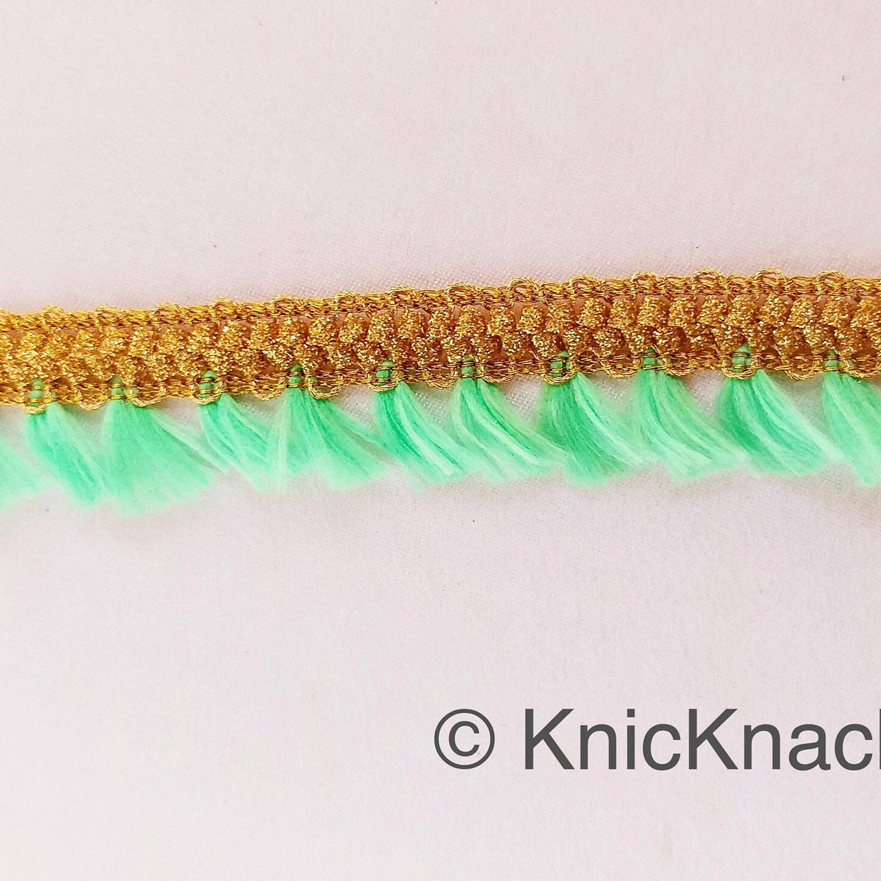 Green Tassels Trim, Gold Fringe Trim, Beaded Trim