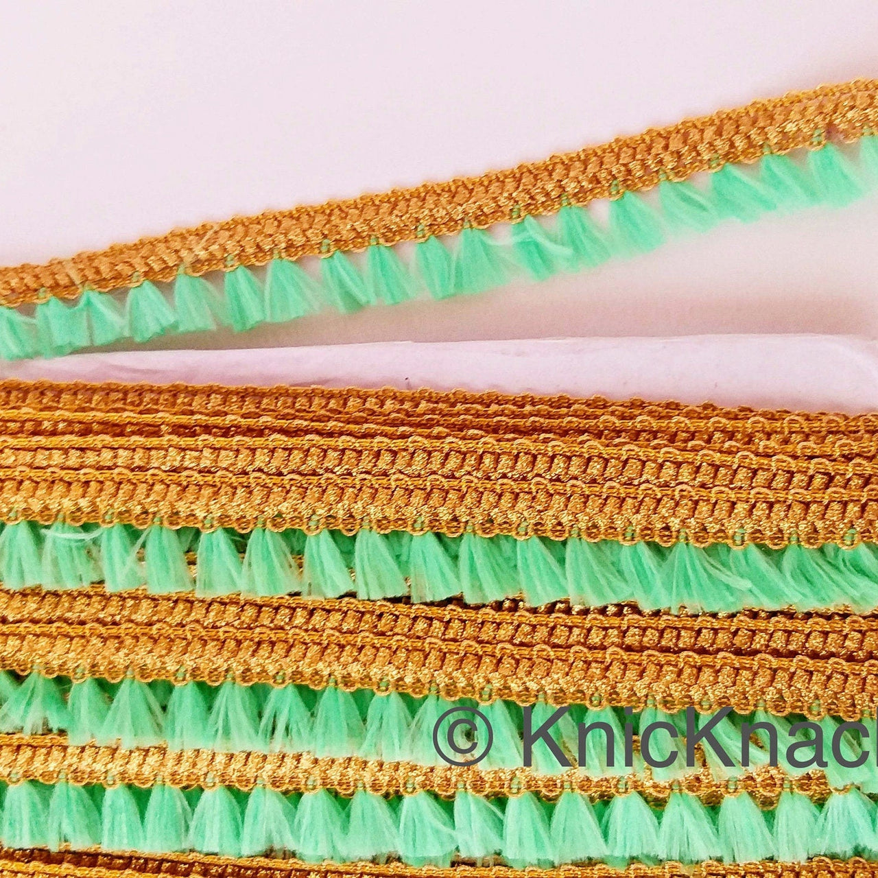 Green Tassels Trim, Gold Fringe Trim, Beaded Trim