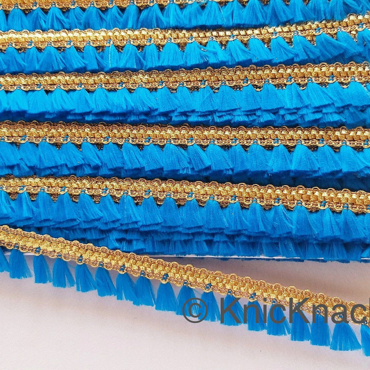 Blue Tassels Trim, Gold Fringe Trim, Beaded Trim
