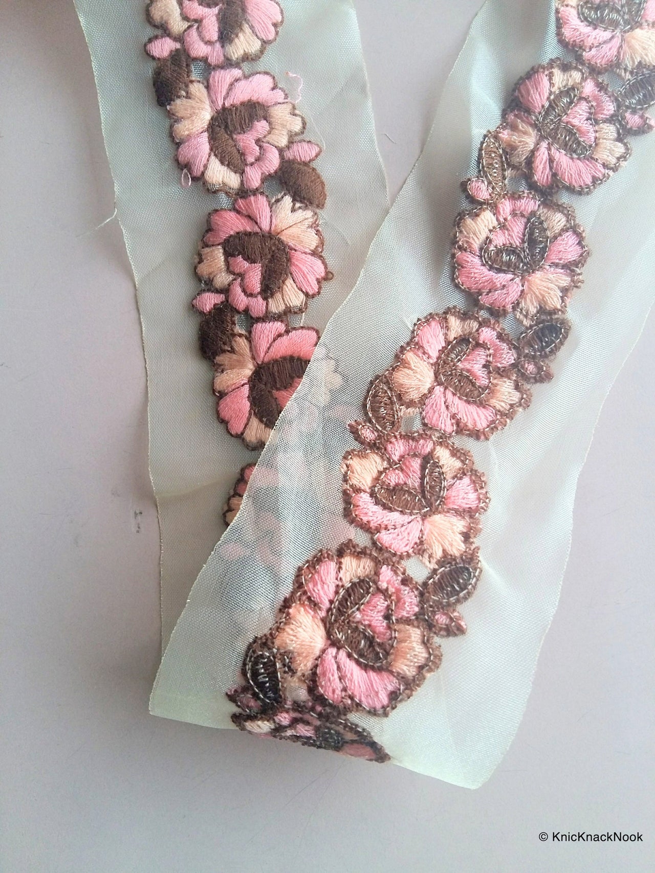 Wholesale Sheer Gold Fabric Trim With Beige And Pink Floral Thread Embroidery 9 Yard Lace, Embroidered Trim,