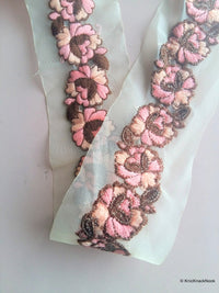 Thumbnail for Wholesale Sheer Gold Fabric Trim With Beige And Pink Floral Thread Embroidery 9 Yard Lace, Embroidered Trim,