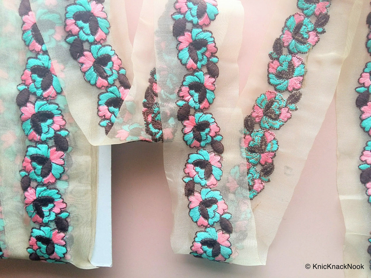 Wholesale Sheer Gold Fabric Trim With Blue And Pink Floral Thread Embroidery 9 Yard Lace, Embroidered Trim,