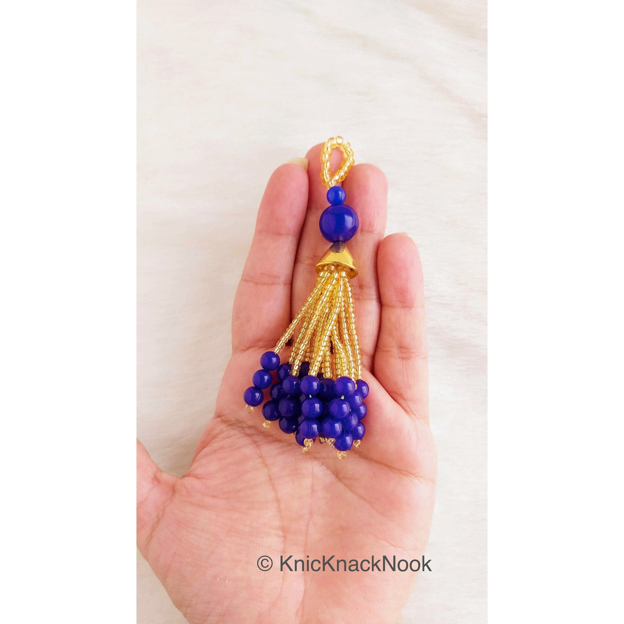 Blue and Gold Beads Tassels Latkan, Indian Latkans, Gold Beaded Danglers