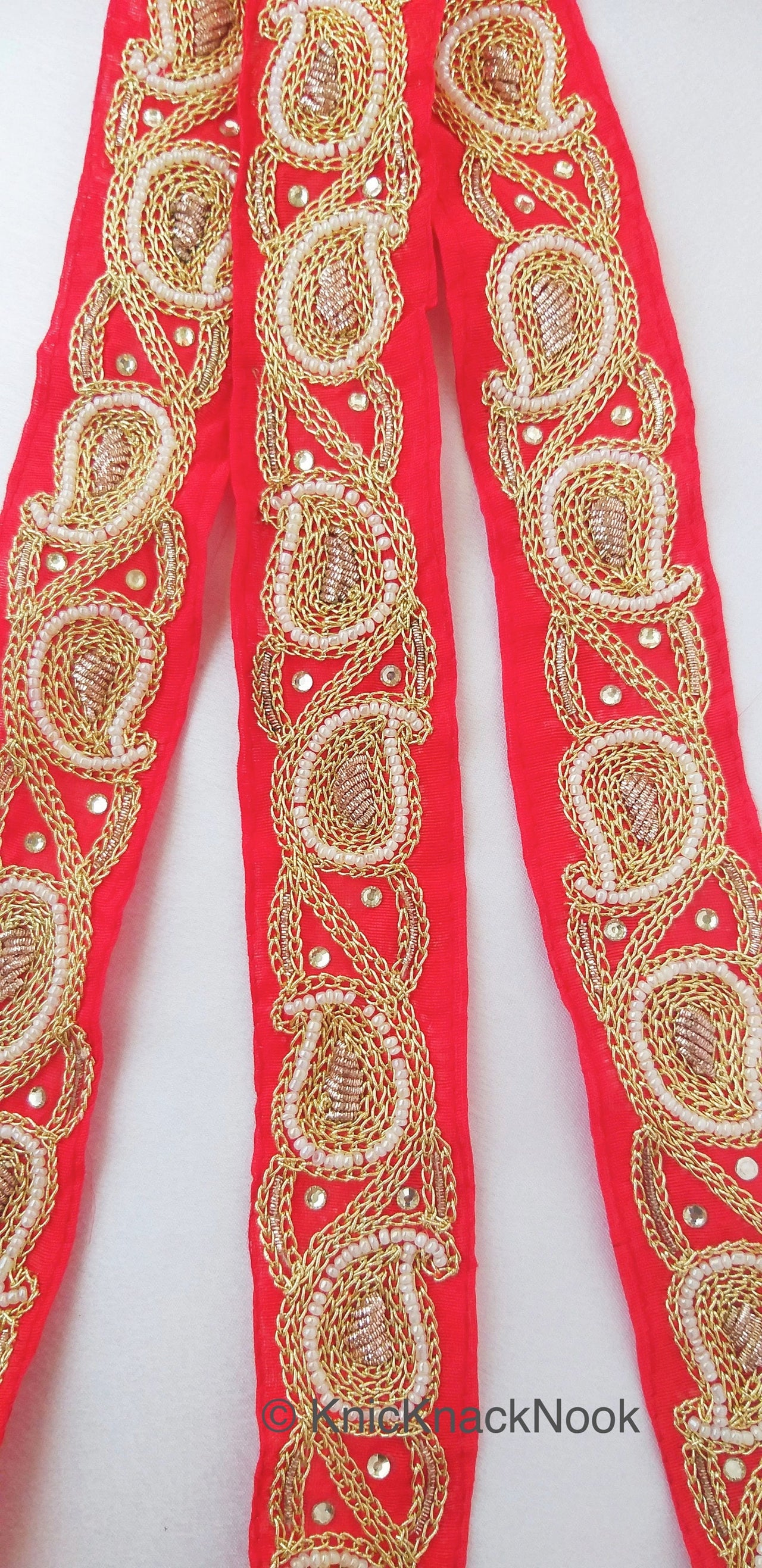 Red Lace Trim With Floral Zardozi Hand Embroidery And White Beads & Indian Stones Kundan Embellishment, Approx. 40mm, Decorative Trim