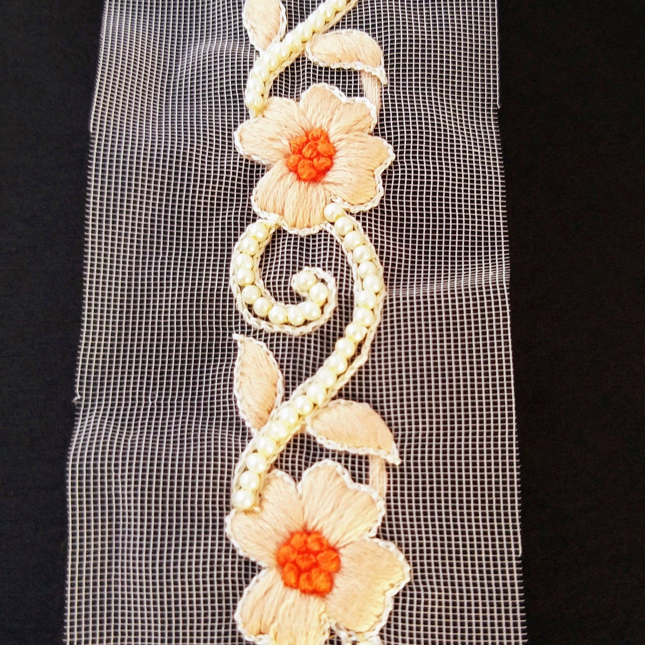 Beige Net Trim With Floral Embroidery, Pearl Beads Trim, Beaded Trim