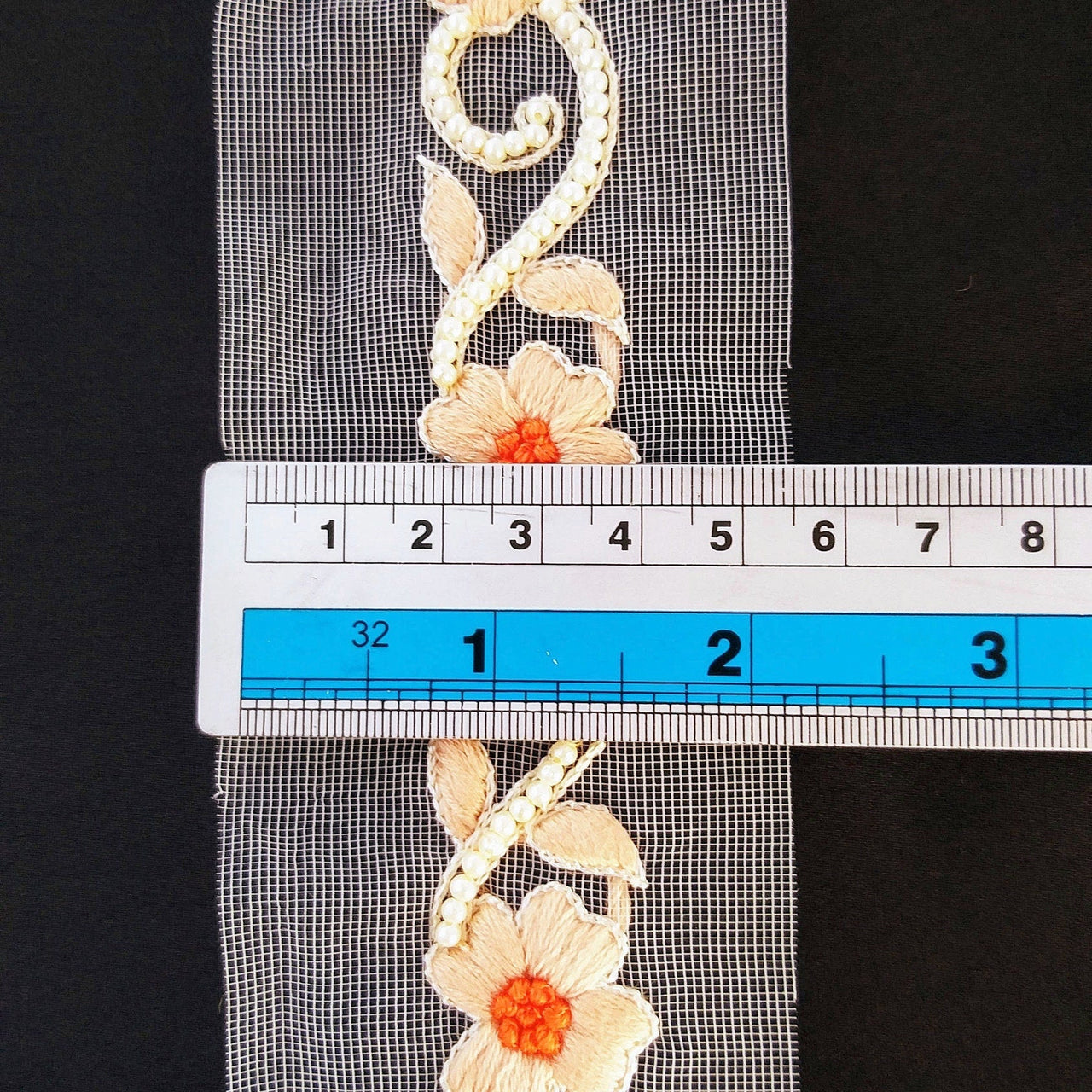 Beige Net Trim With Floral Embroidery, Pearl Beads Trim, Beaded Trim